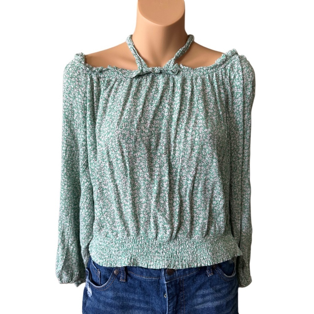Daytrip Mint Floral Long Sleeve Blouse with Ruffles Ruching and Tie Top Collar